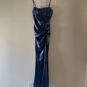 Blue Satin Ruched Maxi Formal Dress